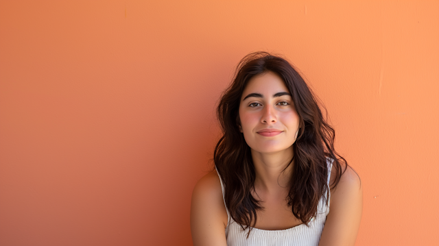 Warm Orange Backdrop and Cheerful Woman Portrait