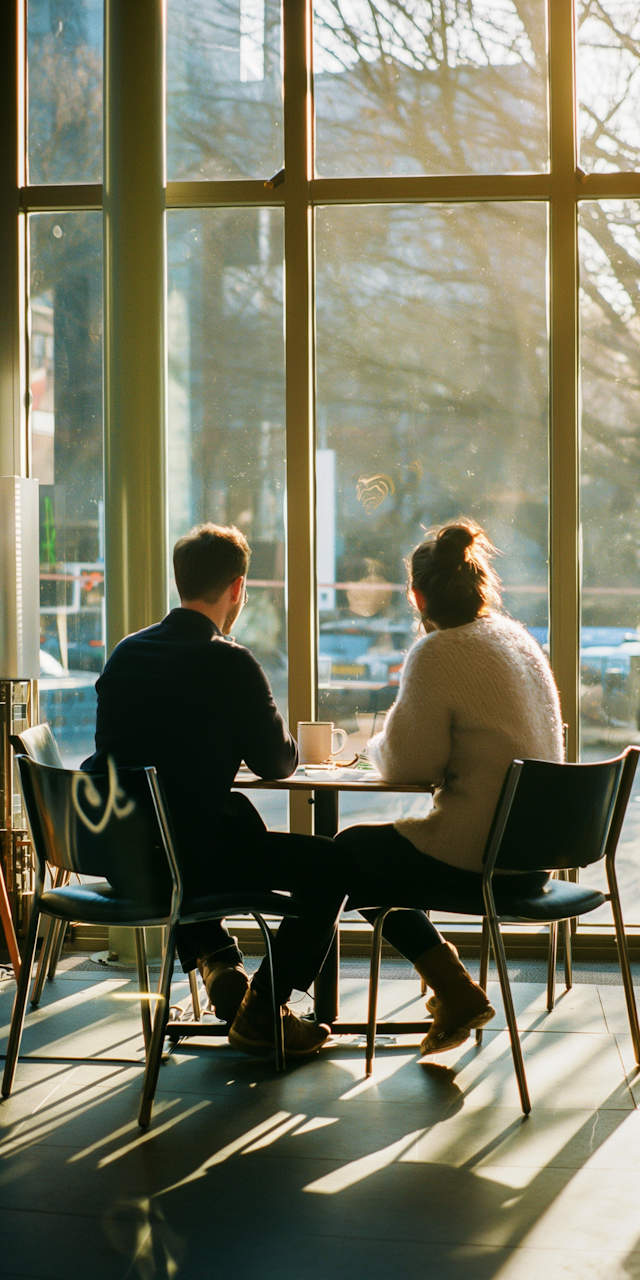 Intimate Conversation at a Sunlit Café