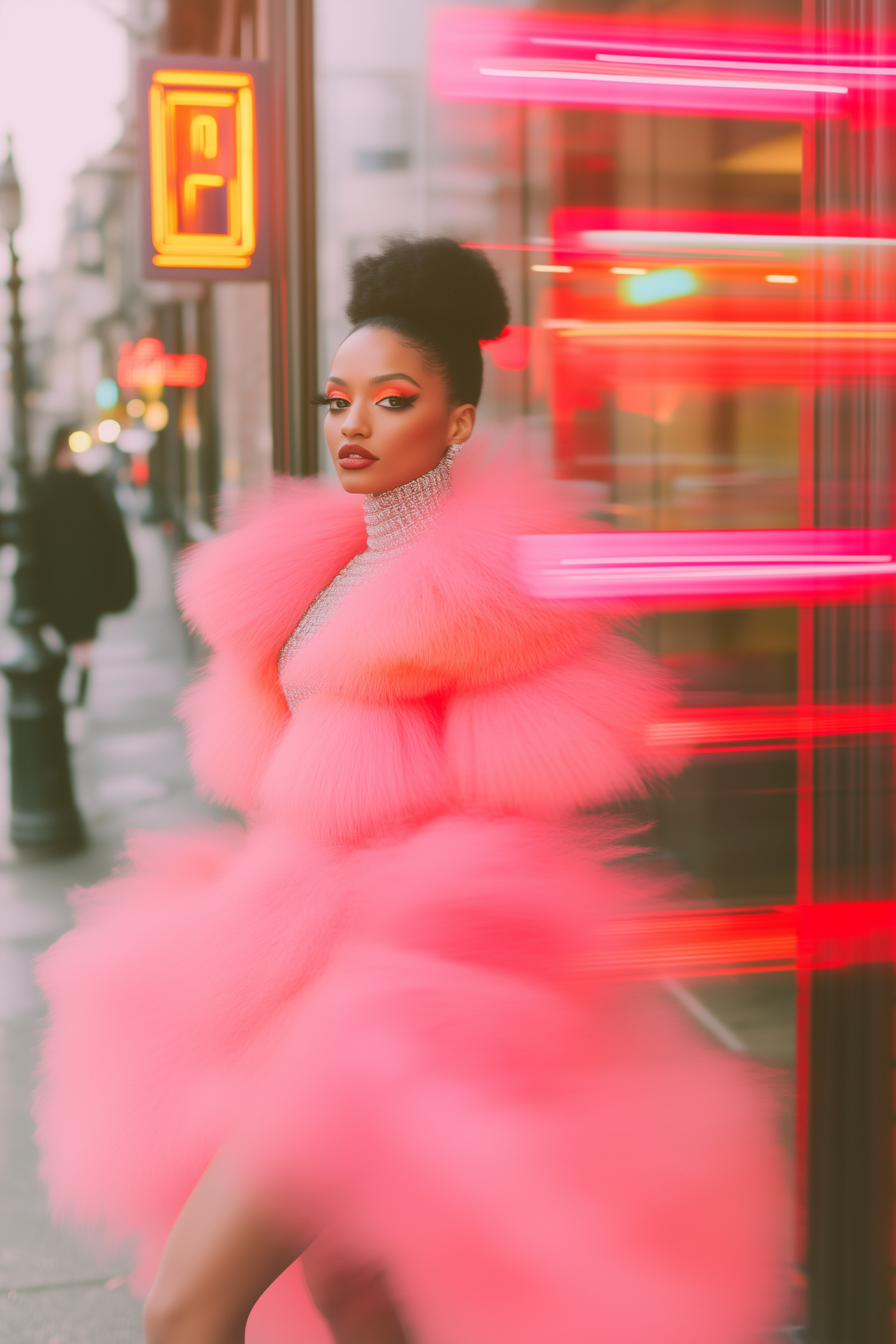 Striking Individual in Pink Fur Coat