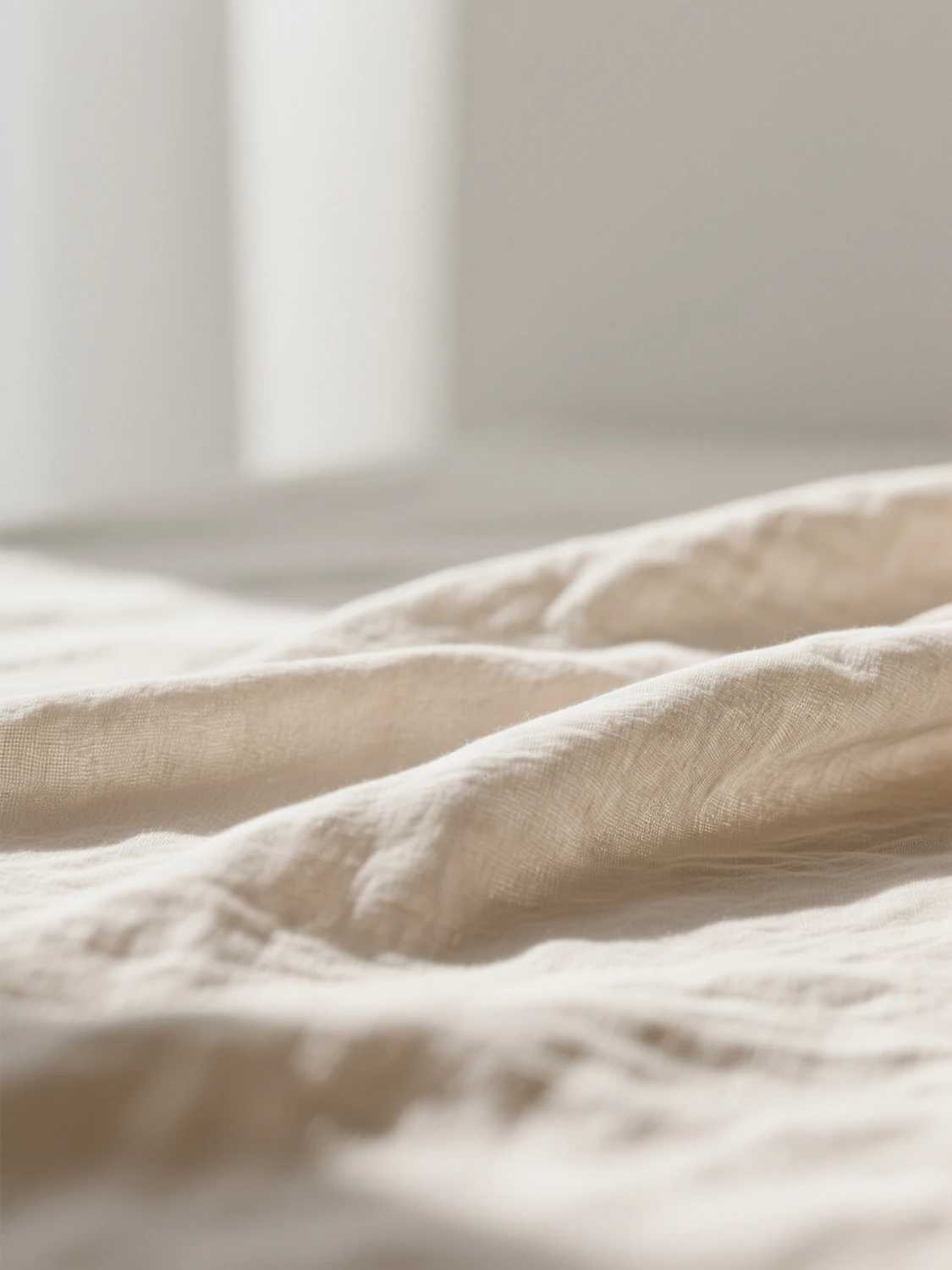 Folded beige linen fabric lit by soft sunlight