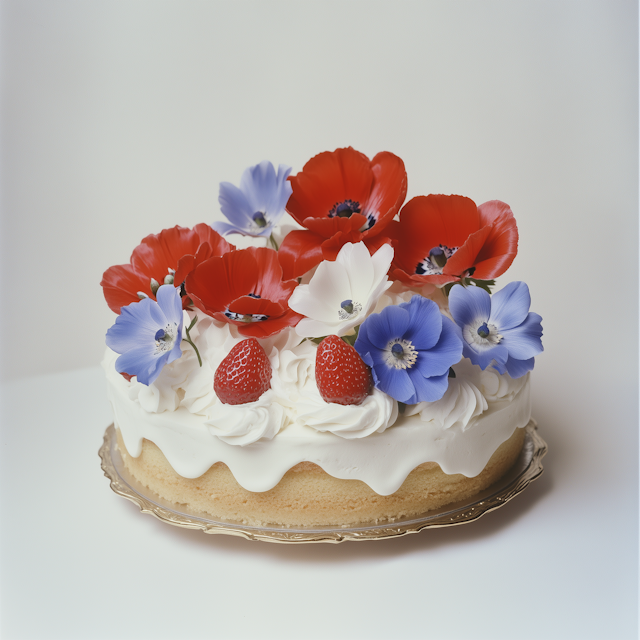 Decorated Cake with Flowers and Strawberries