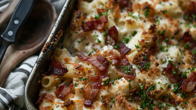 Appetizing Baked Pasta with Bacon and Herbs