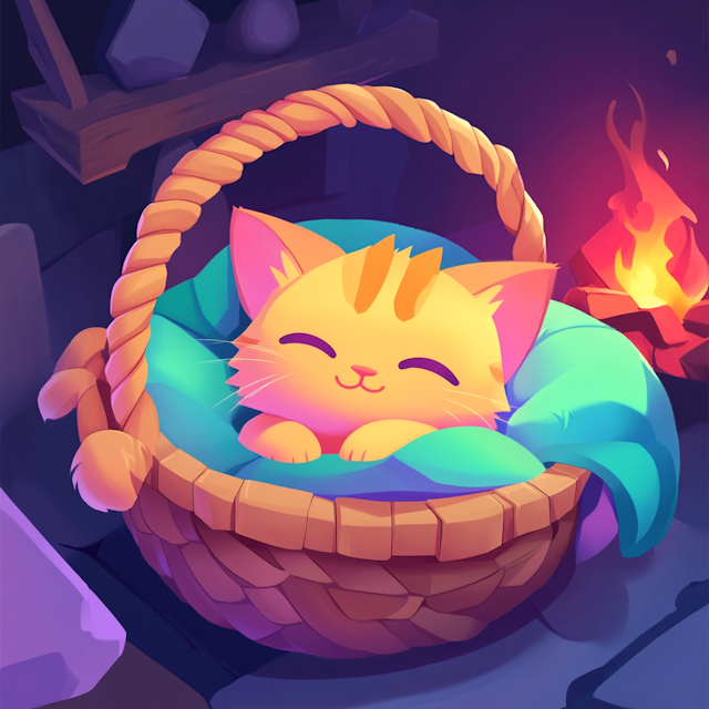 Snoozing Illustrated Kitten in Basket