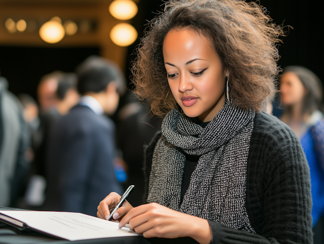 Focused Woman Writing in Notebook