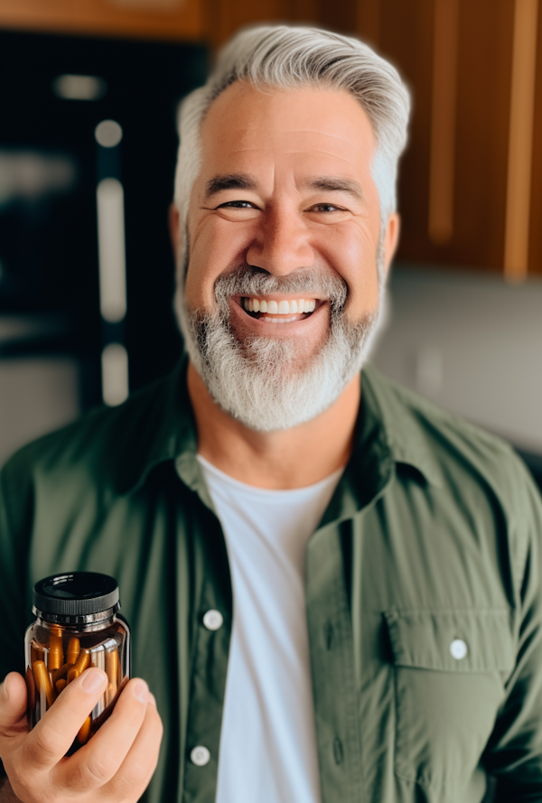 Friendly Health-Conscious Gentleman with Bottle of Supplements