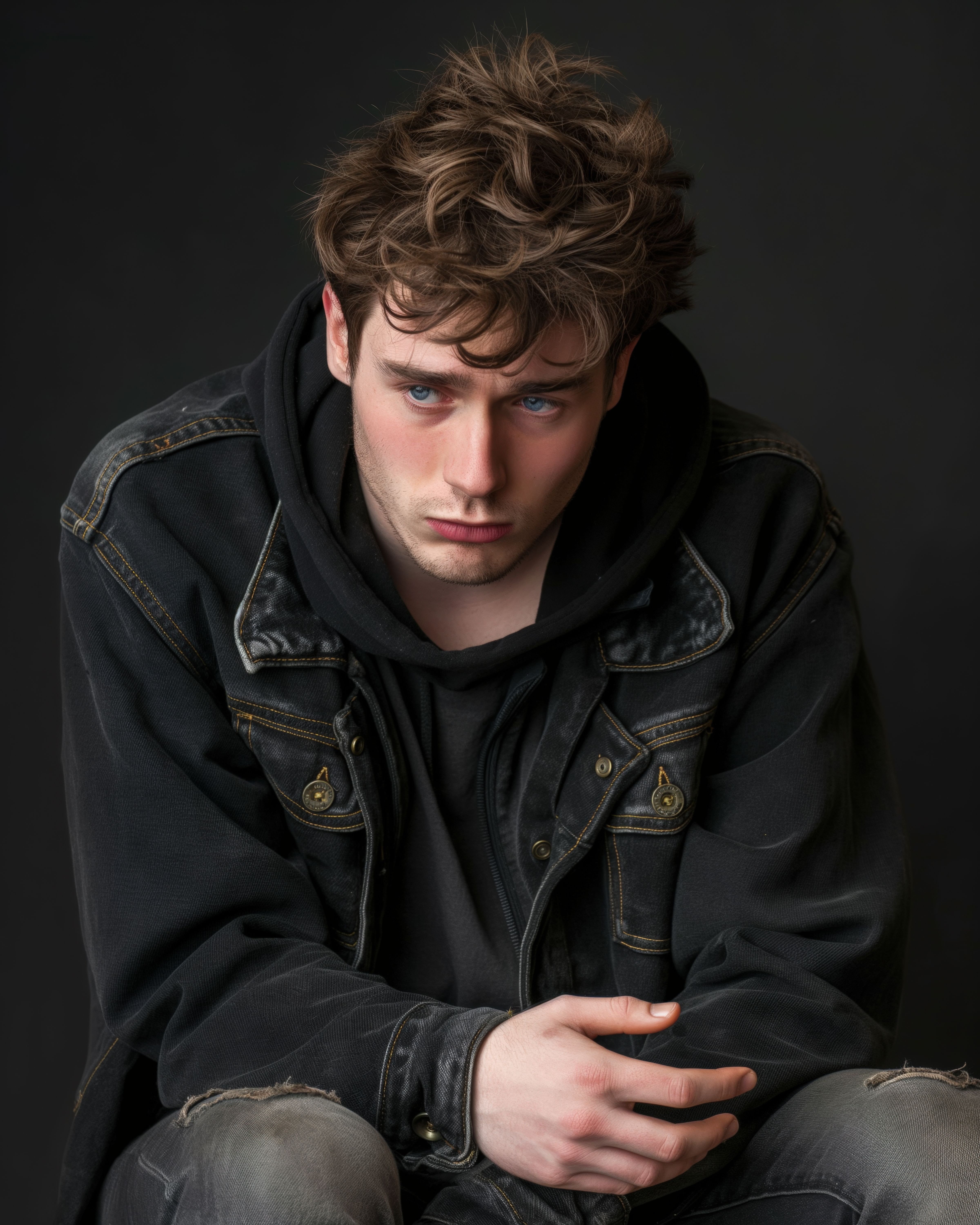 Pensive Young Man in Black Denim Jacket