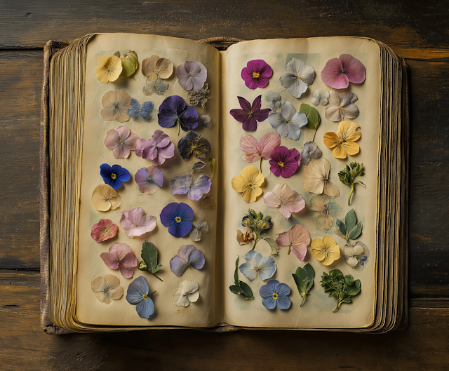 Pressed Flowers in Open Book