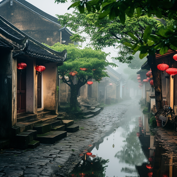 Misty Morning in an Ancient East Asian Lane