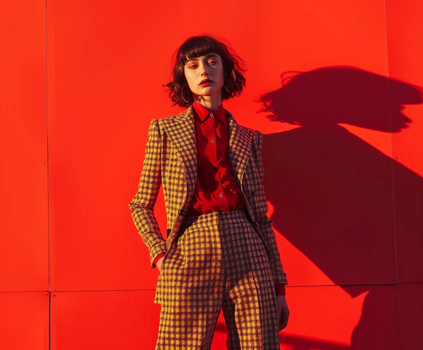 Woman in Stylish Suit Against Red Background