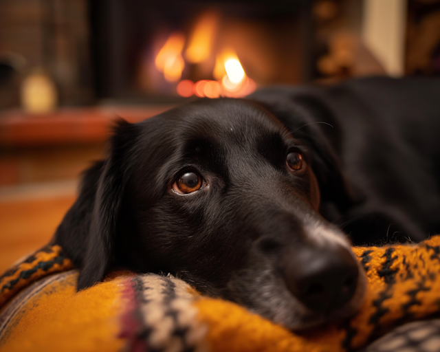 Cozy Dog on Patterned Blanket