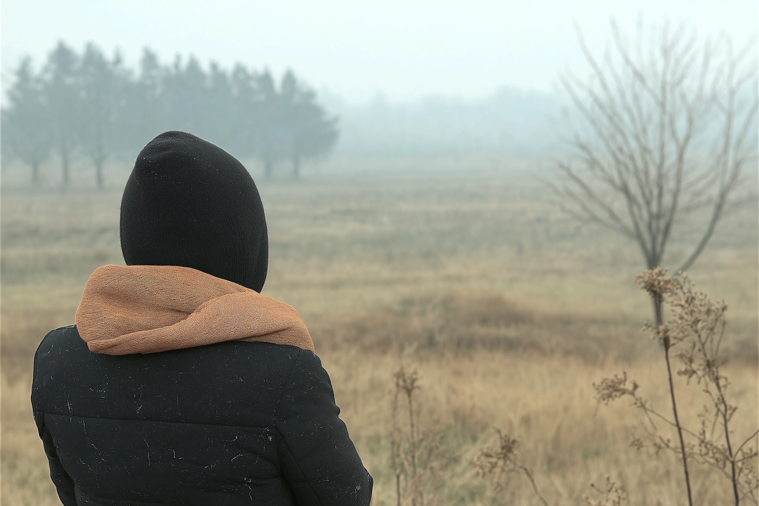 Contemplative Solitude in a Foggy Field