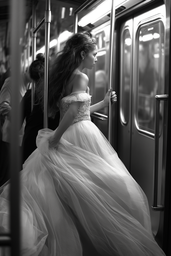 Contemplative Woman in White Gown on Subway