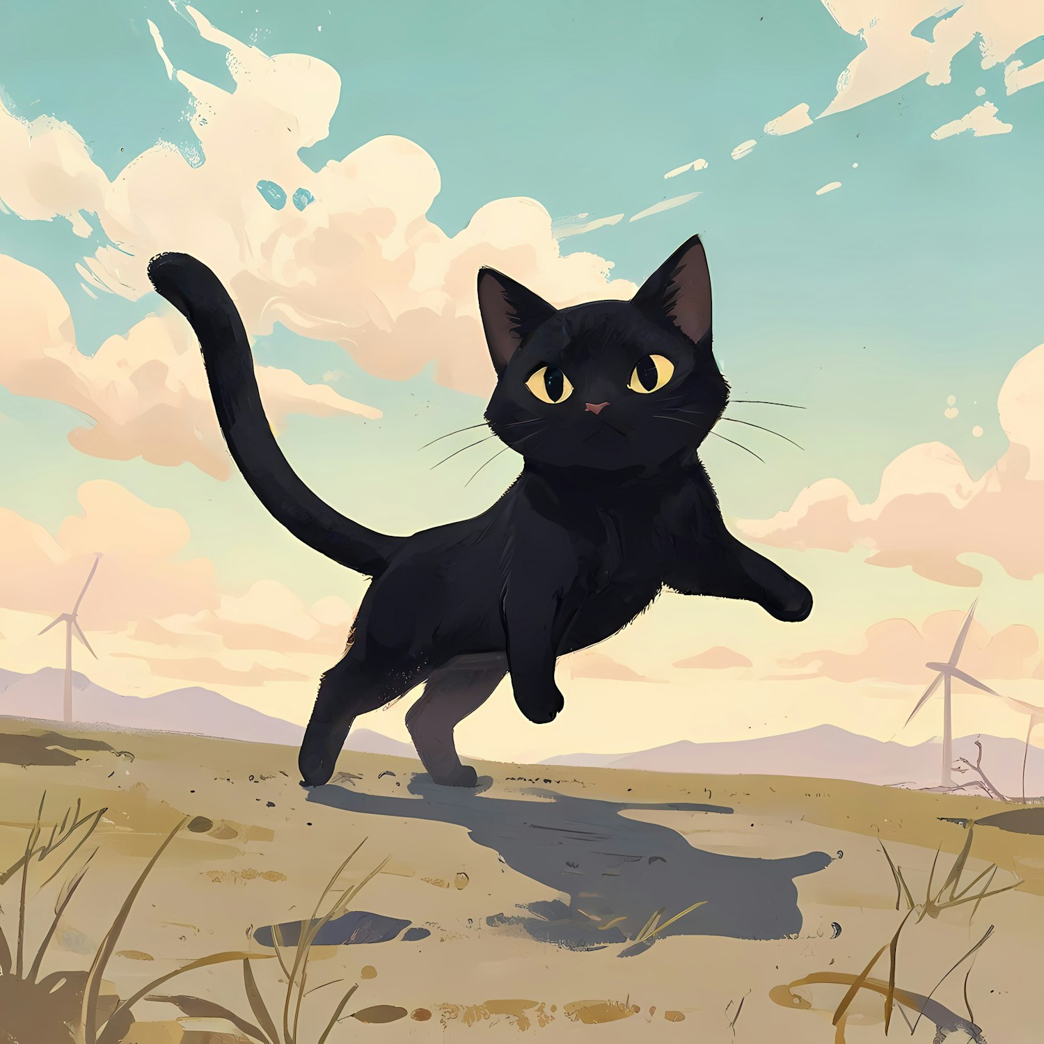 Playful Black Cat in Open Landscape