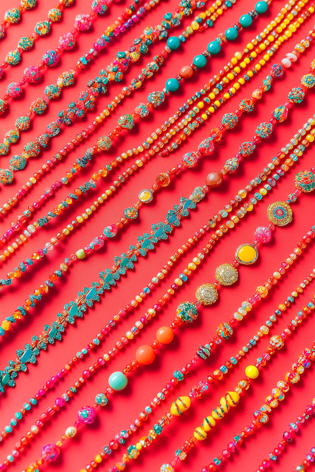 Colorful Beaded Necklaces on Red Background