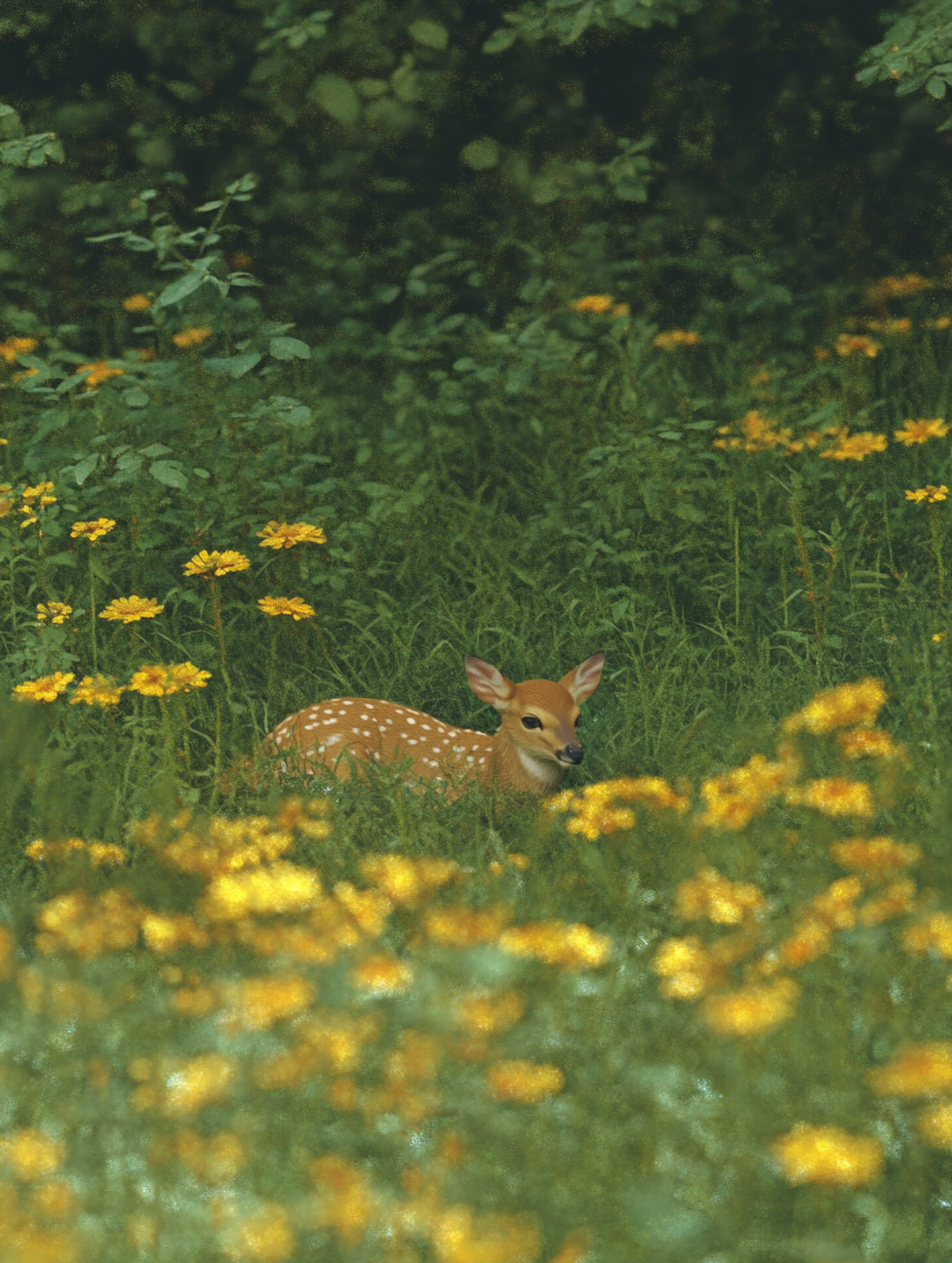 Fawn in a Field of Yellow Flowers