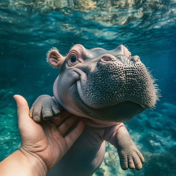 Baby Hippo Underwater with Human Hand