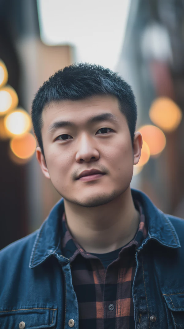 Young Man in Denim Jacket with Bokeh Lights