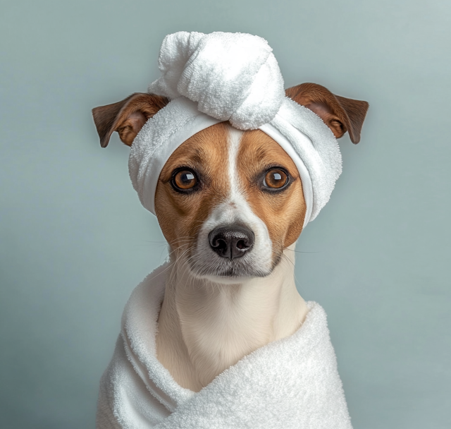 Pampered Dog in Towels