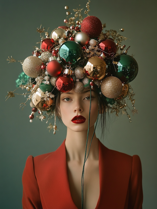 Festive Woman with Christmas Ornament Headpiece