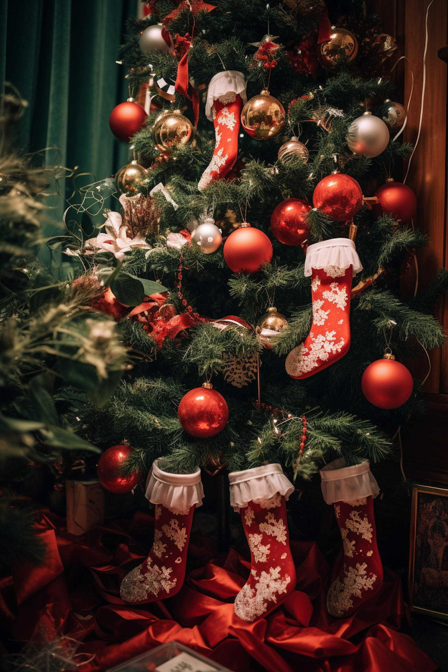 Traditional Red and Gold Christmas Tree with Stockings