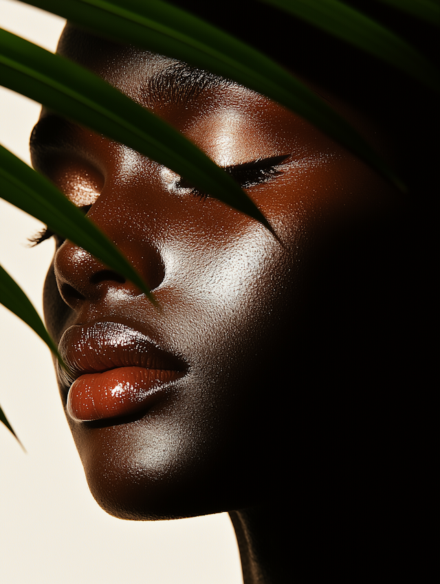 Serene Portrait with Green Leaves