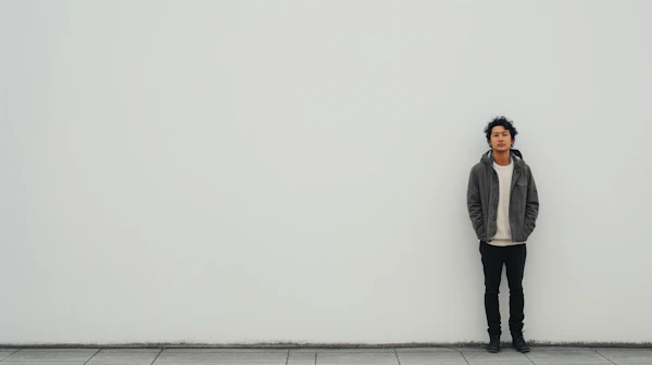 Serene Contemplation - Casual Young Asian Male with Curly Hair Against White Backdrop