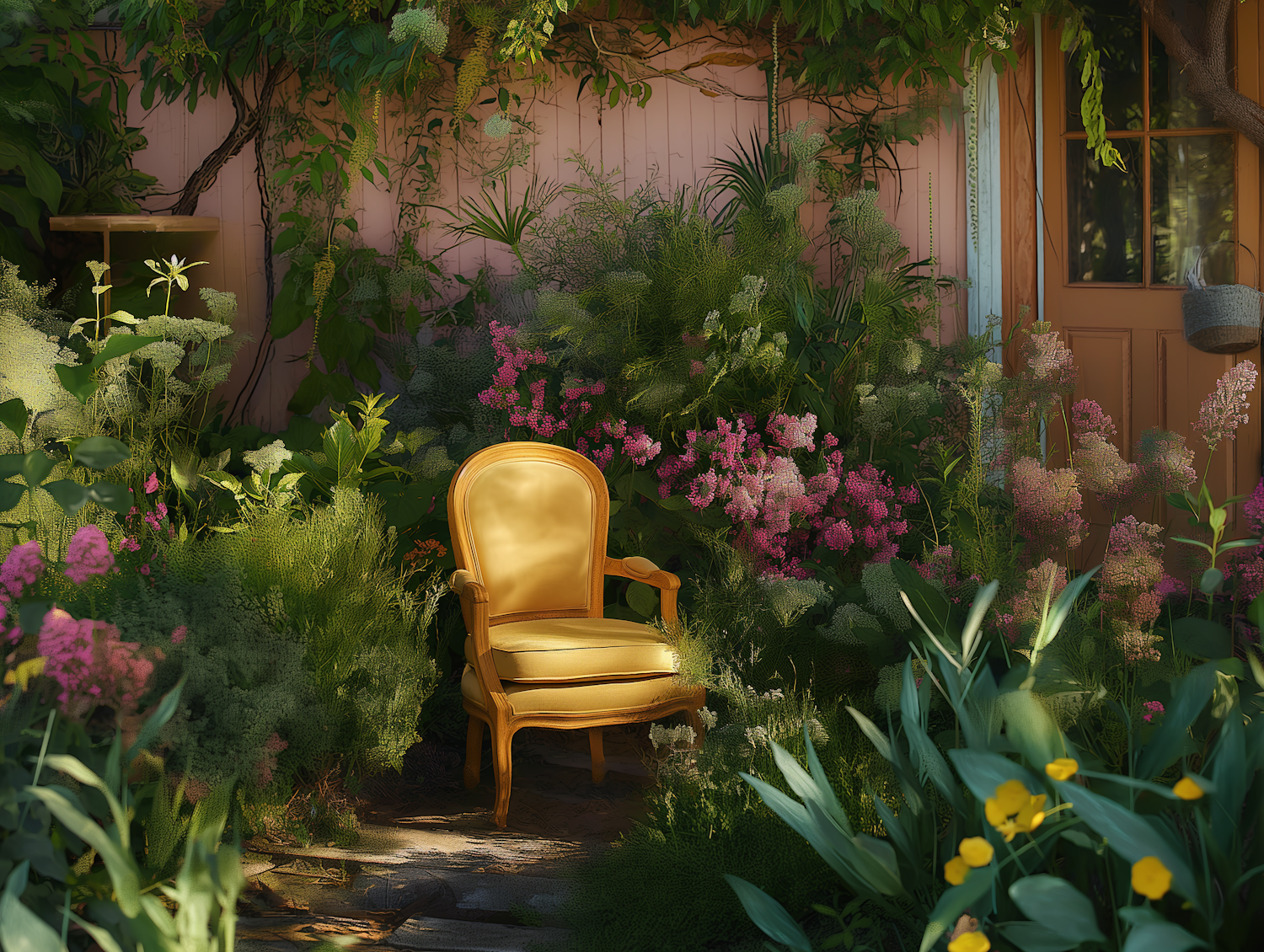 Serene Garden with Golden Armchair