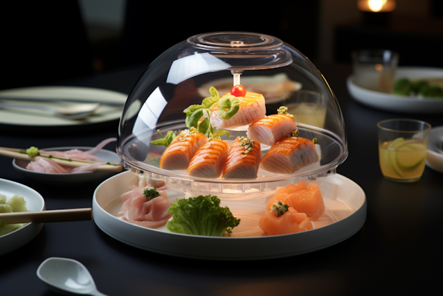 Sophisticated Sushi Ensemble Under Glass