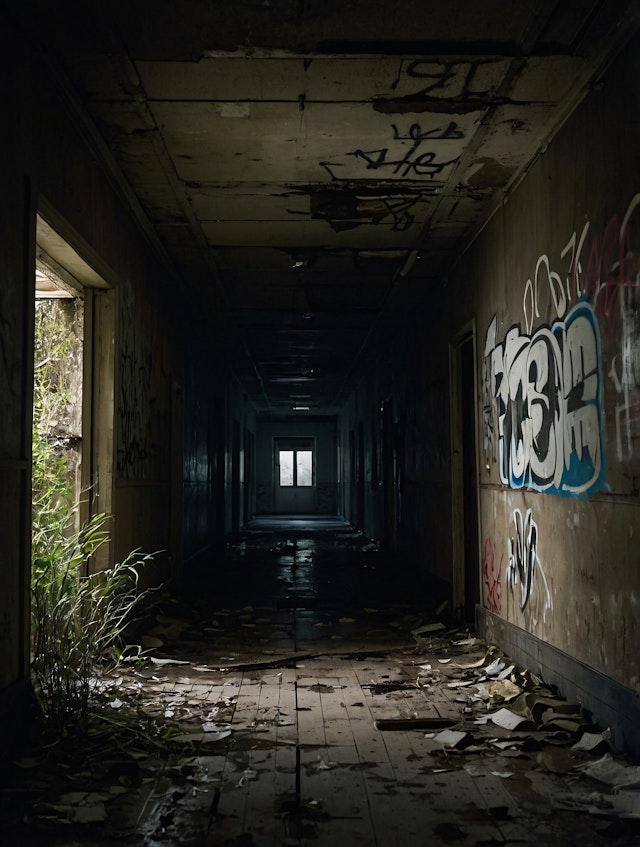 Abandoned Hallway with Graffiti