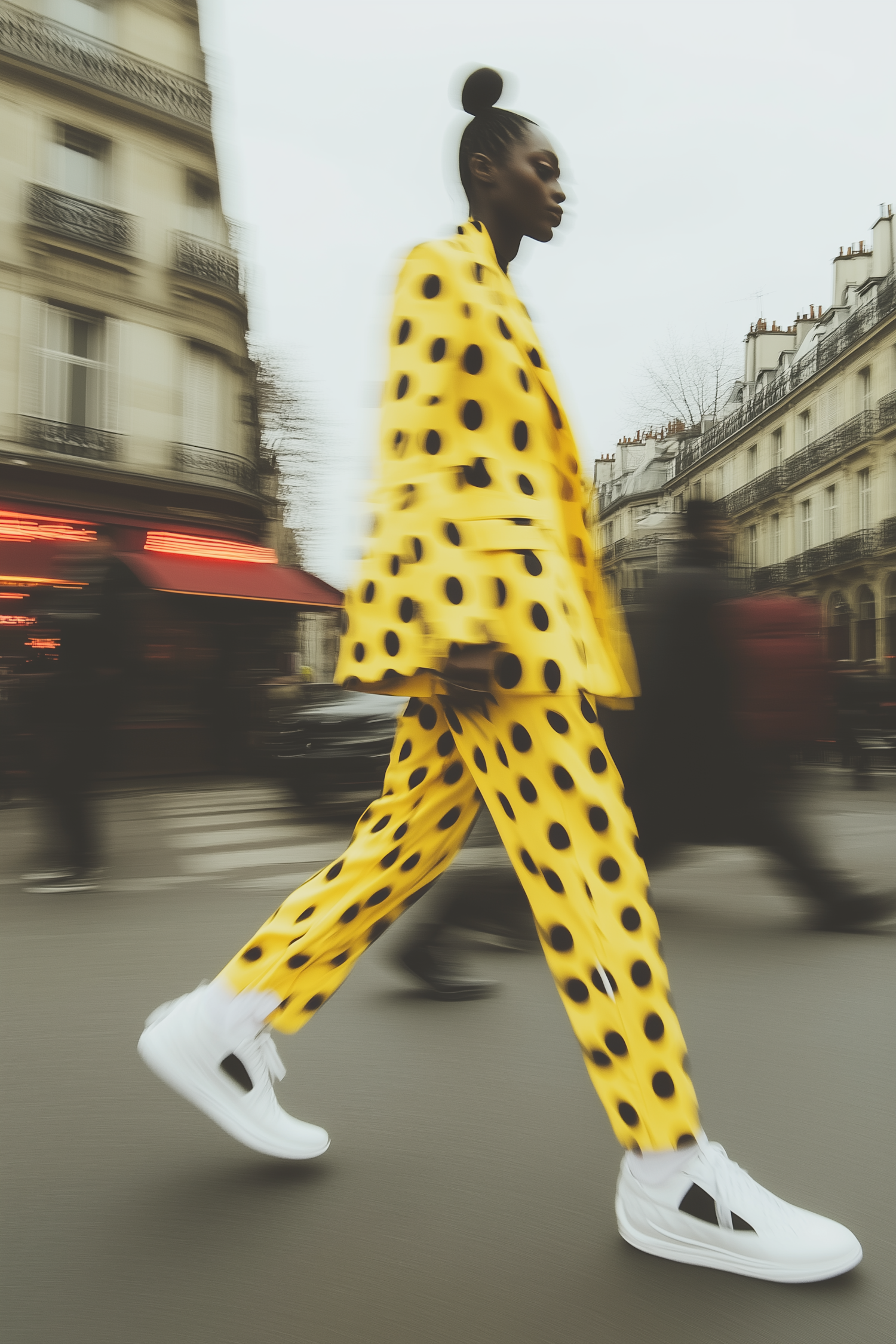 Confident Walk in Polka Dot Suit