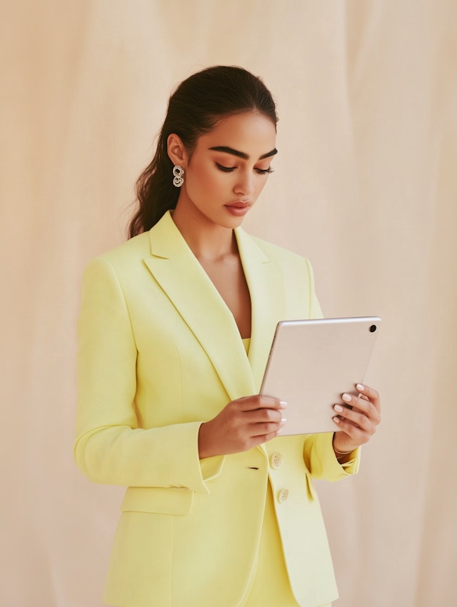 Woman in Yellow Suit with Tablet