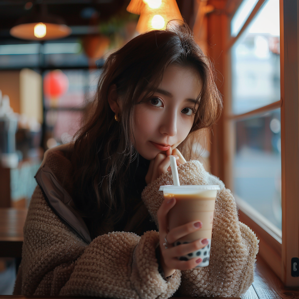 Young Woman Enjoying a Beverage in Cozy Cafe