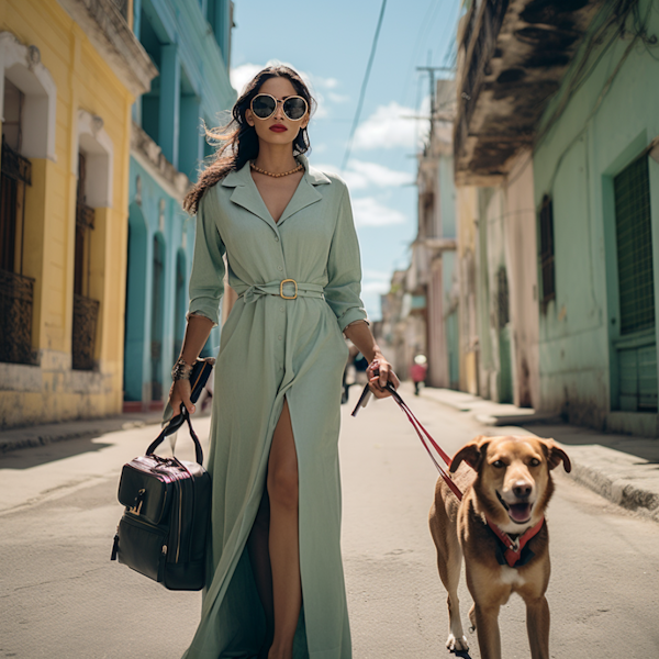 Chic Woman in Blue Dress Walking with Dog