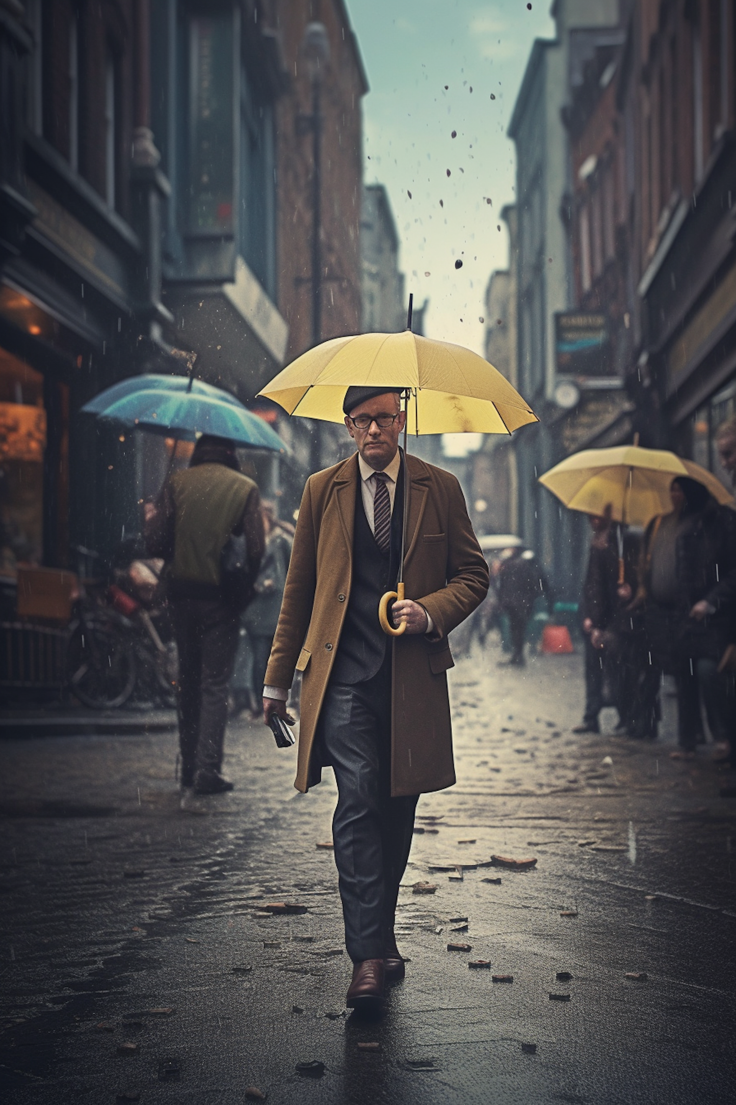 Man with Yellow Umbrella on Rainy Street