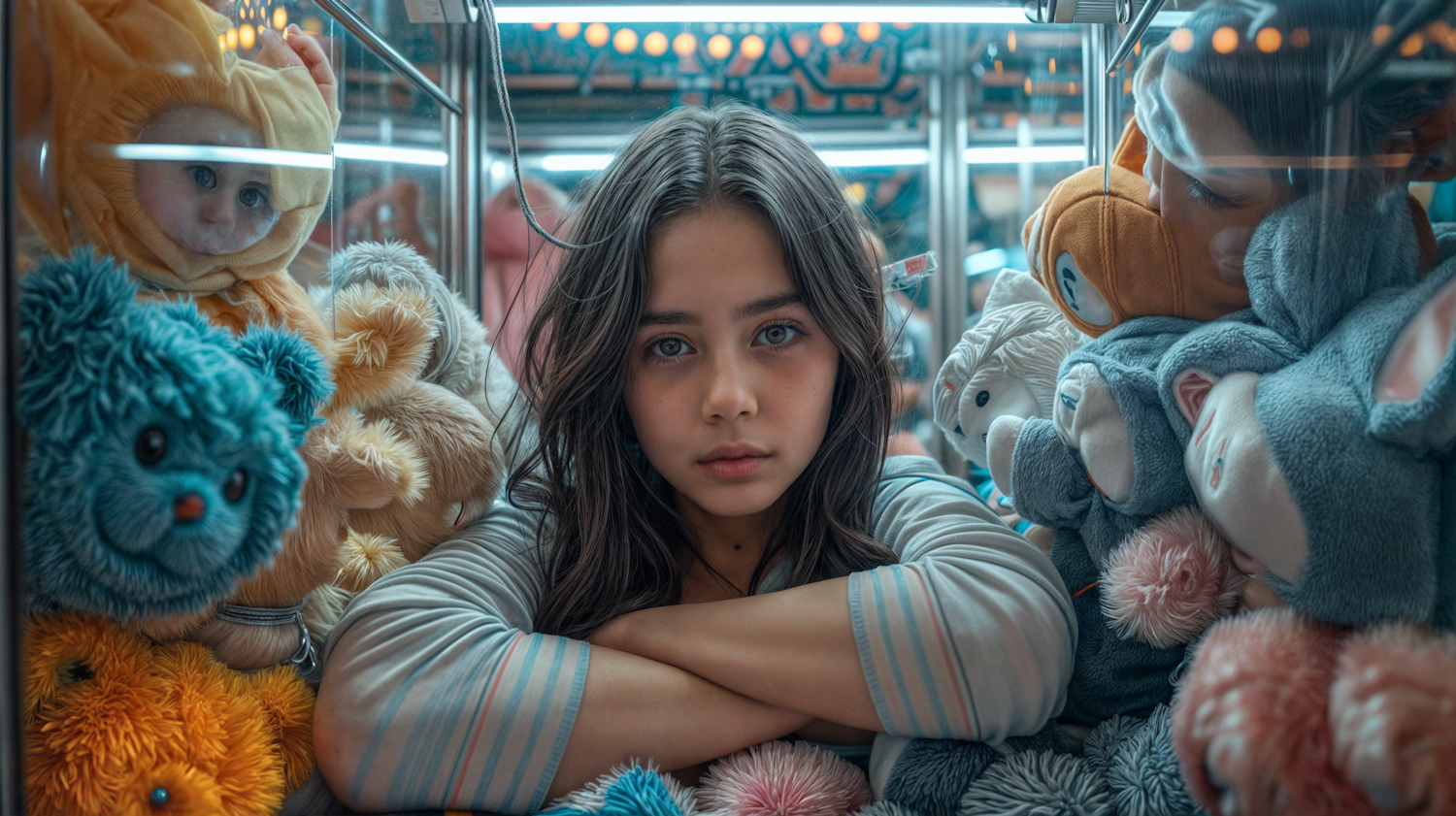 Girl Among Plush Toys in Claw Machine