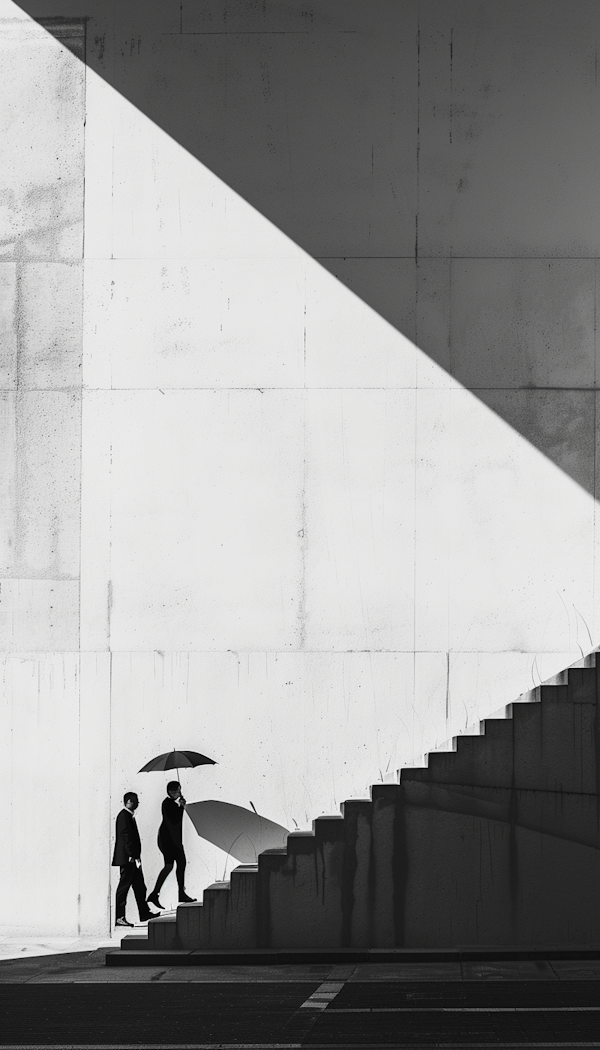 Silhouetted Figures with Umbrella on Stairs