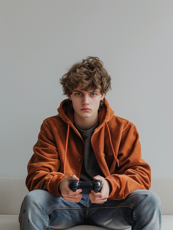 Young Male Gamer Seated on Sofa