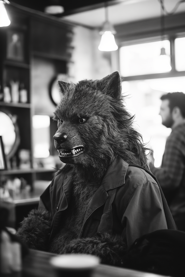 Person with Wolf Mask in Cafe