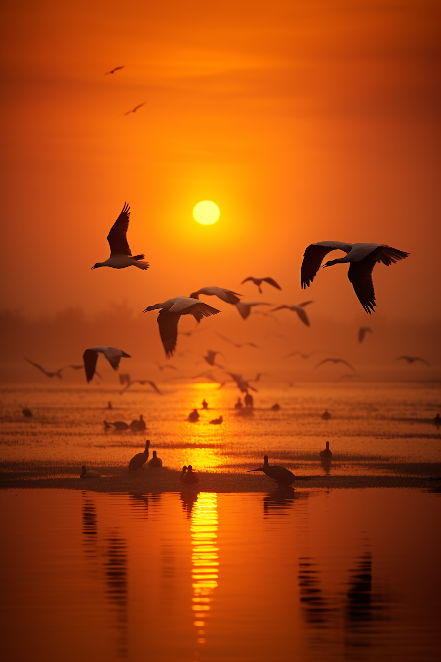 Serenity at Dawn: Geese on a Sunlit Lake