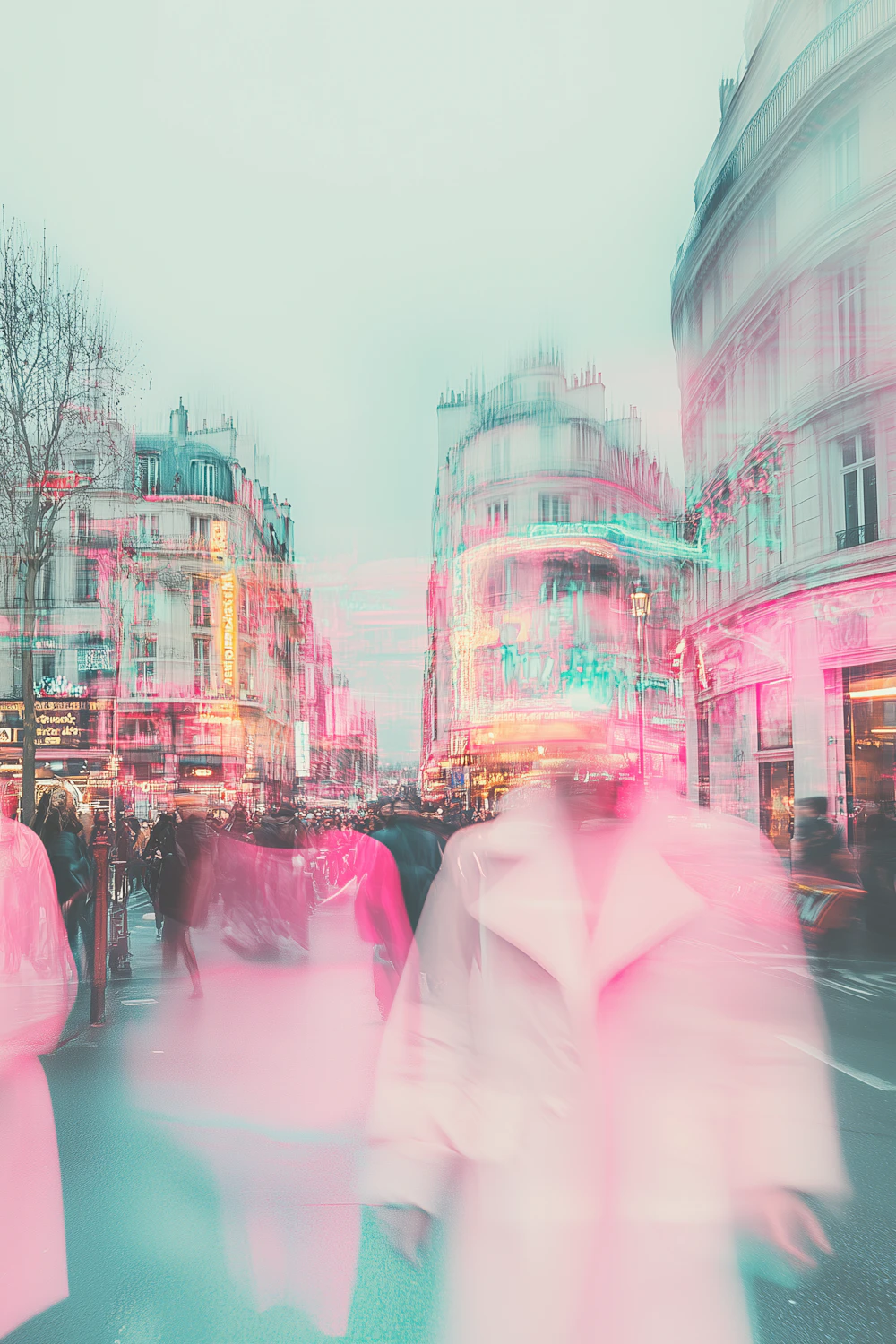 A dreamy urban street with neon lights and blurred figures in pastel tones
