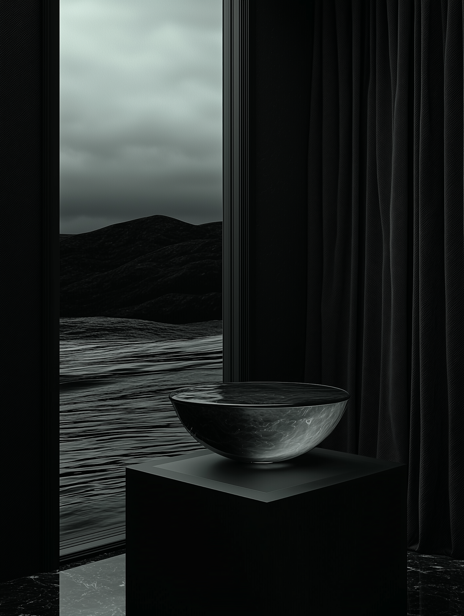 Serene Minimalist Scene with Reflective Bowl