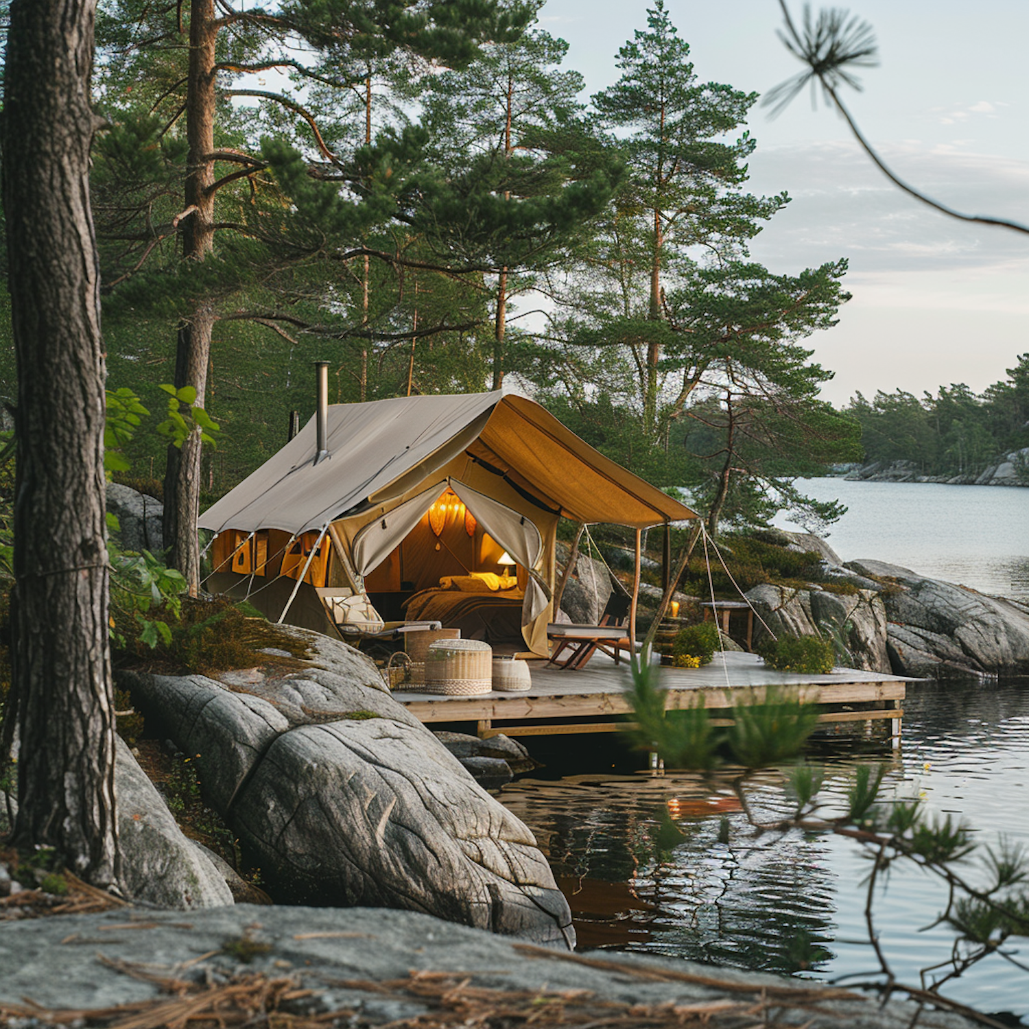 Serene Lakeside Glamping Scene