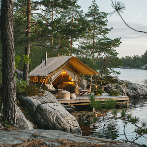 Serene Lakeside Glamping Scene