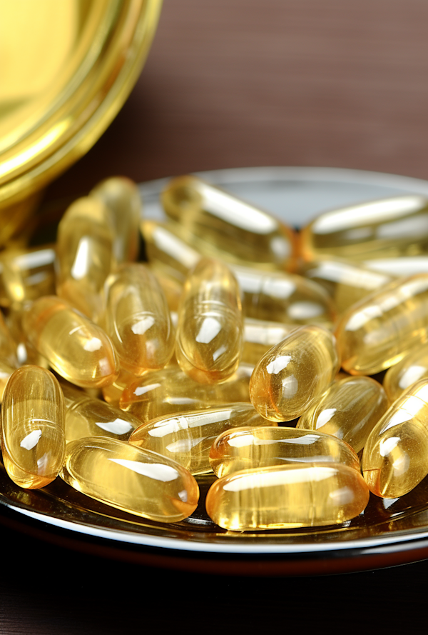 Golden Omega or Vitamin Capsules Spill