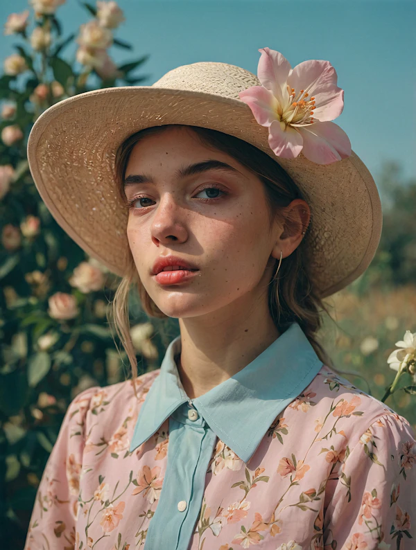 Woman in Straw Hat with Pink Flower