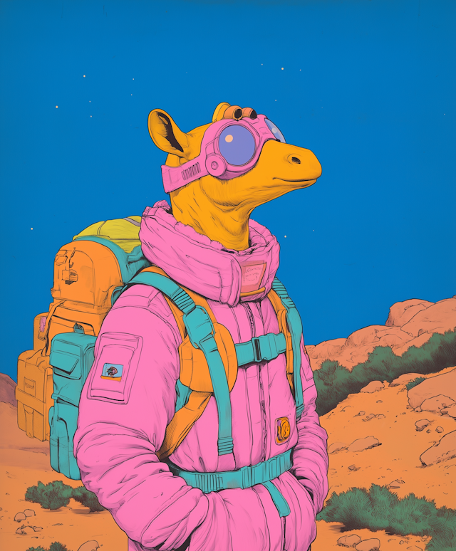 Anthropomorphic Giraffe in Hiking Gear