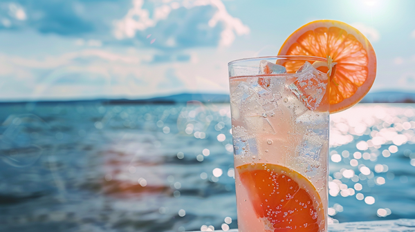 Sparkling Water with Orange Slices by the Sea