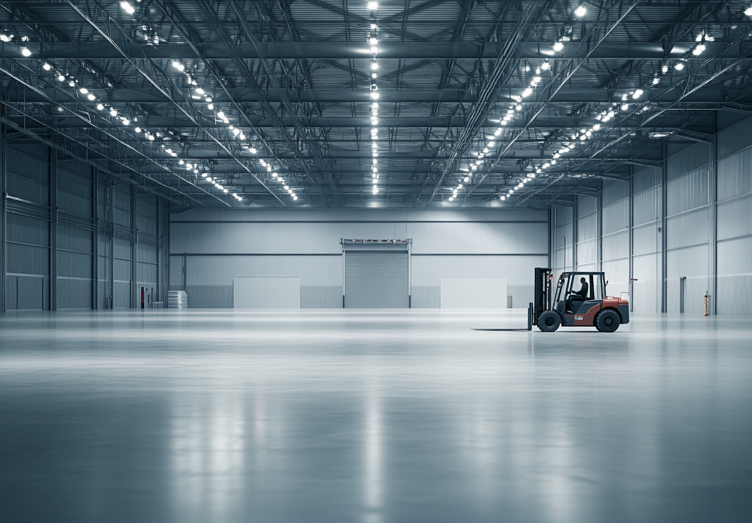 Industrial Warehouse Interior with Red Forklift