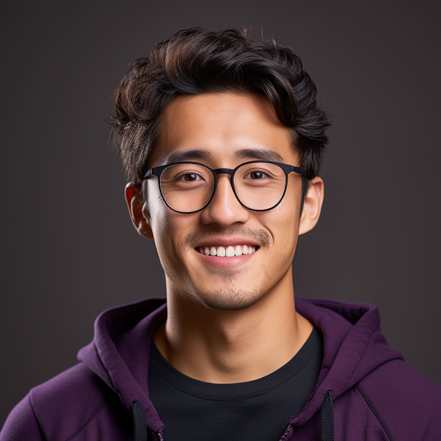 Cheerful Asian Young Man with Stylish Glasses and Purple Hoodie