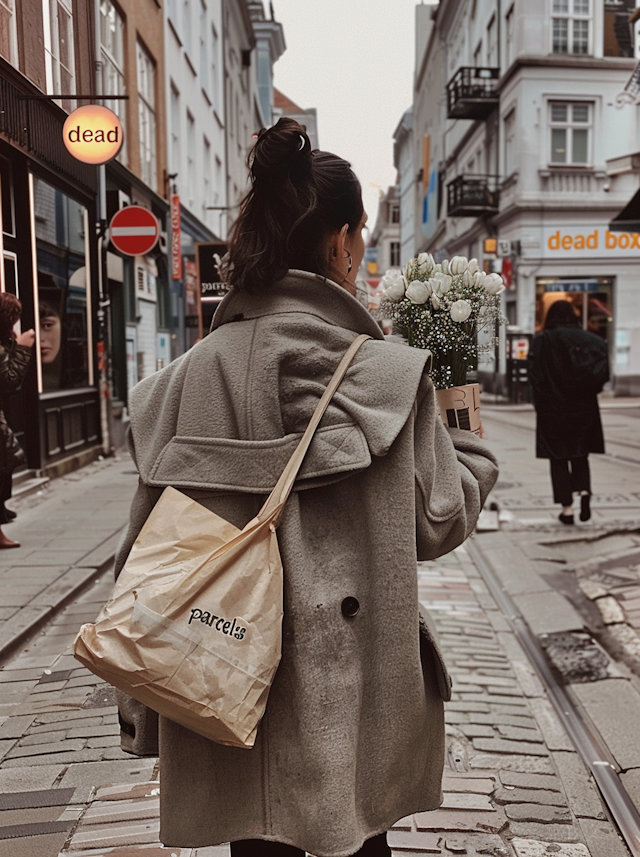 Woman Walking in European City Street